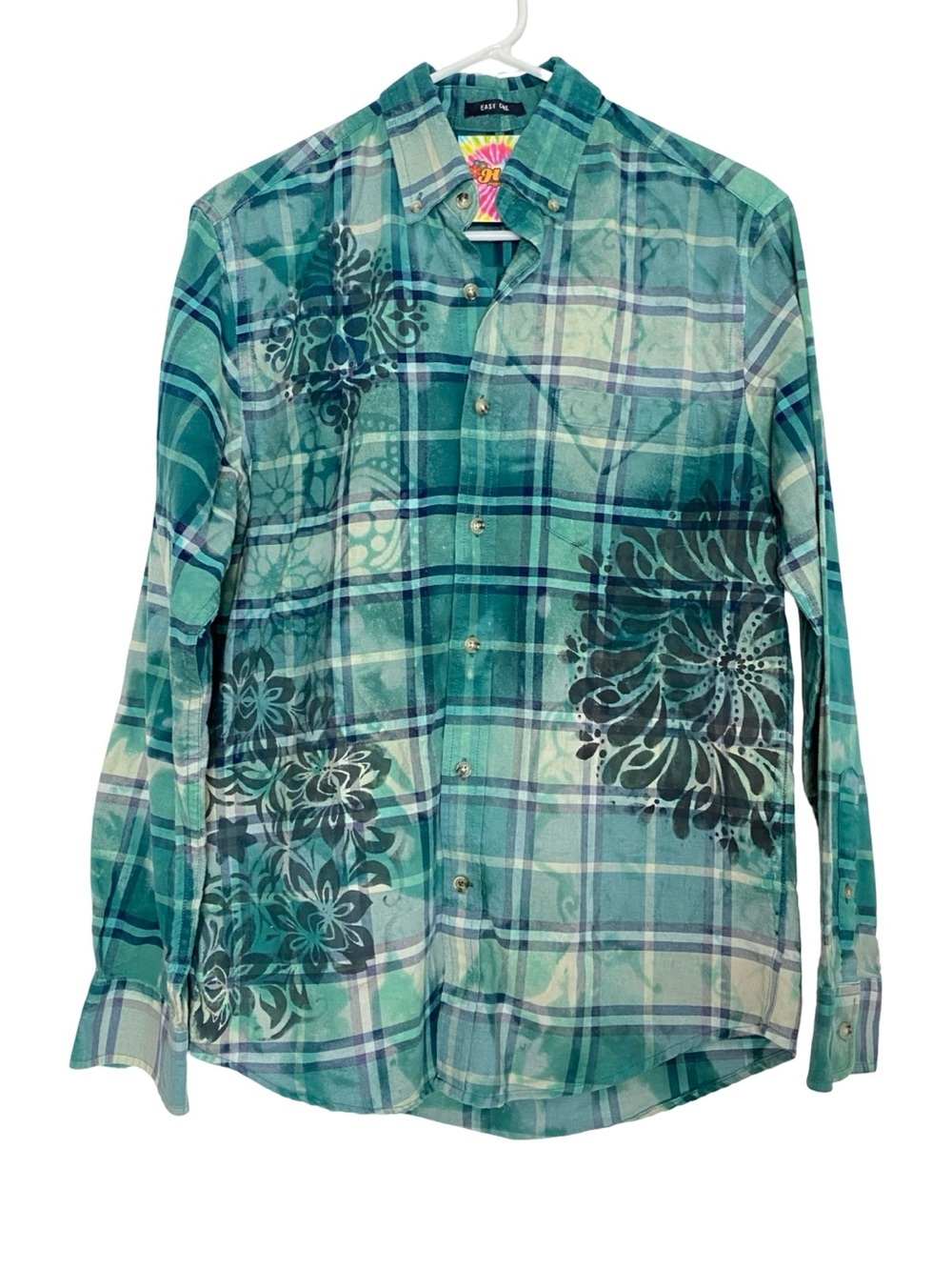 Custom Floral Button Down Shirt Mens Size Small Handmade Stencil Plaid Teal